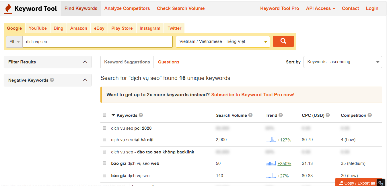 Tìm kiếm từ khóa với keywordtool io bản miễn phí