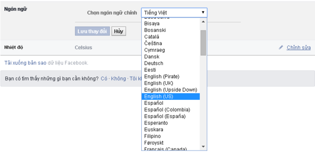 Đổi tên Facebook bằng cách thay đổi ngôn ngữ Tiếng Việt sang Tiếng anh