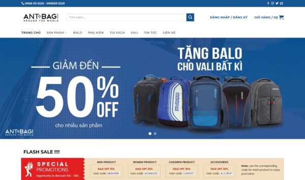 Mẫu web bán balo thời trang với tích hợp phương thức thanh toán tiện lợi MTT26