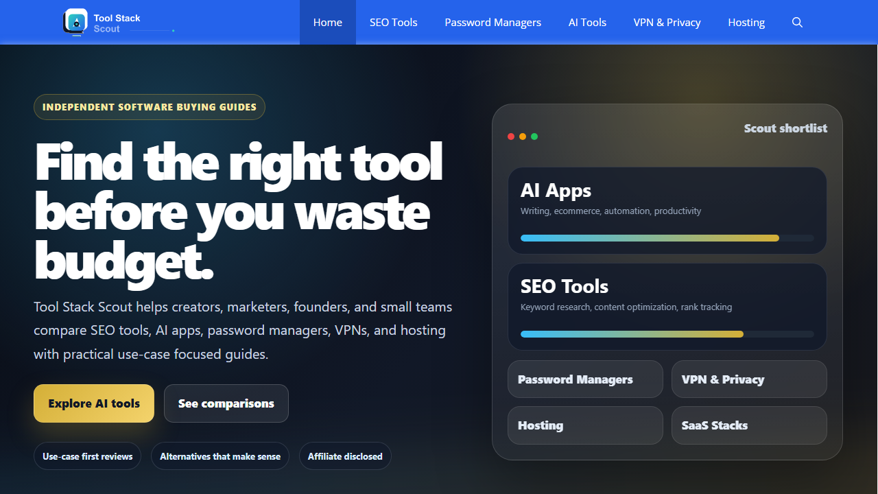 ToolStackScout - trang đánh giá và so sánh công cụ AI, phần mềm SaaS